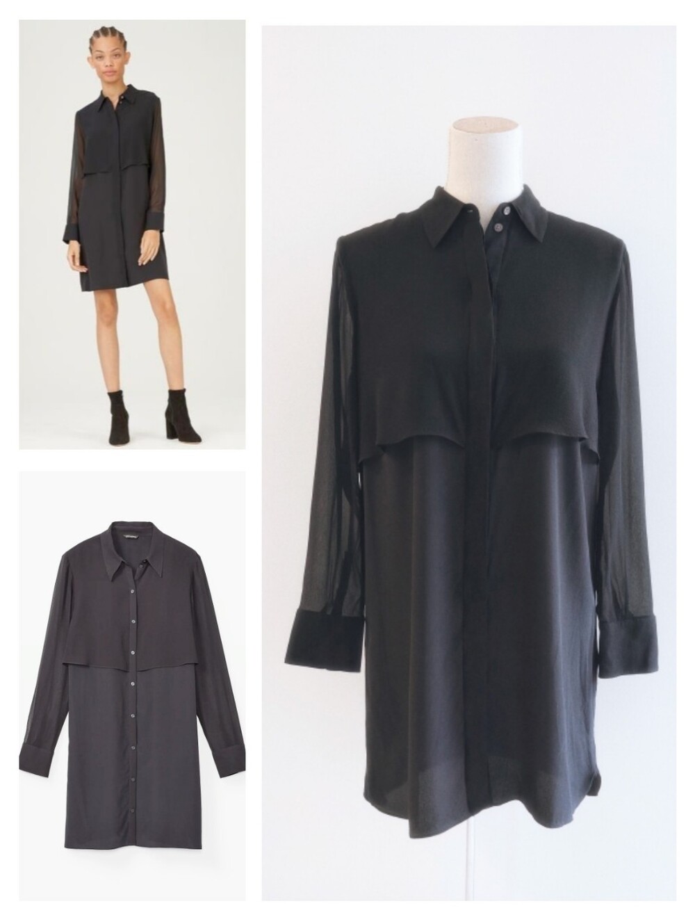 Club Monaco Silk Button Down Sheer Sleeve Black Shirt